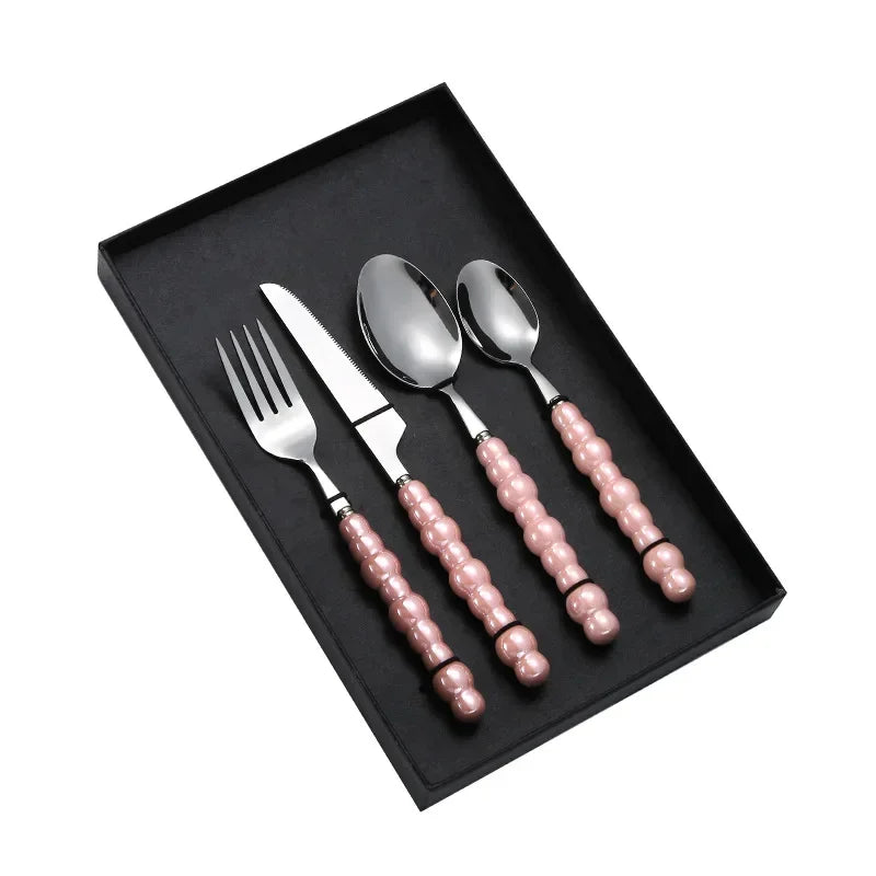 Pink Pearl Ceramic Stainless Steel Dinnerware Set