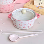 Pink Bow Ceramic Handle Bowl With Lid 