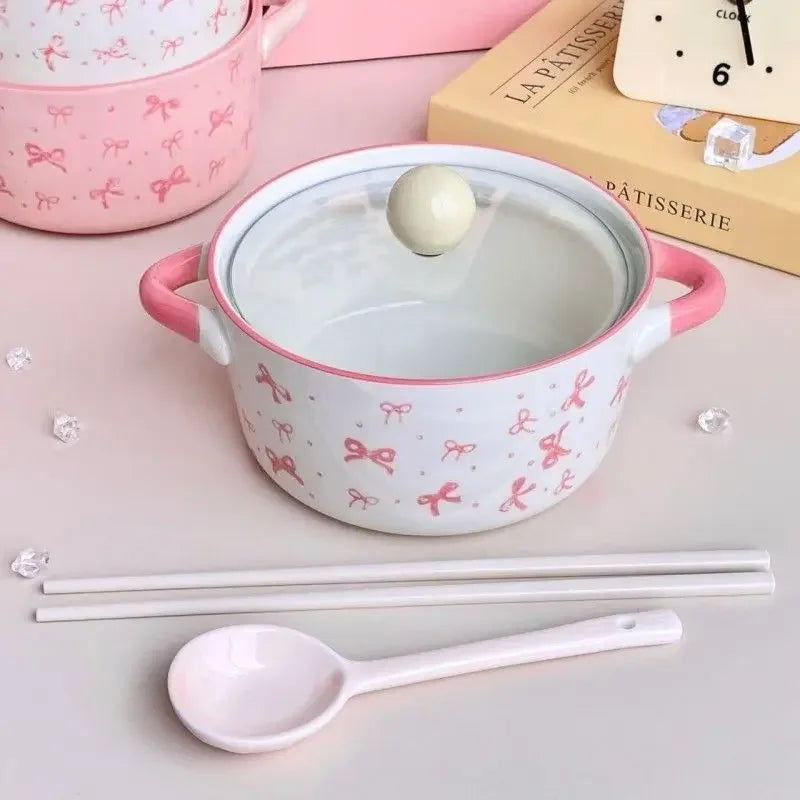 Pink Bow Ceramic Handle Bowl With Lid 