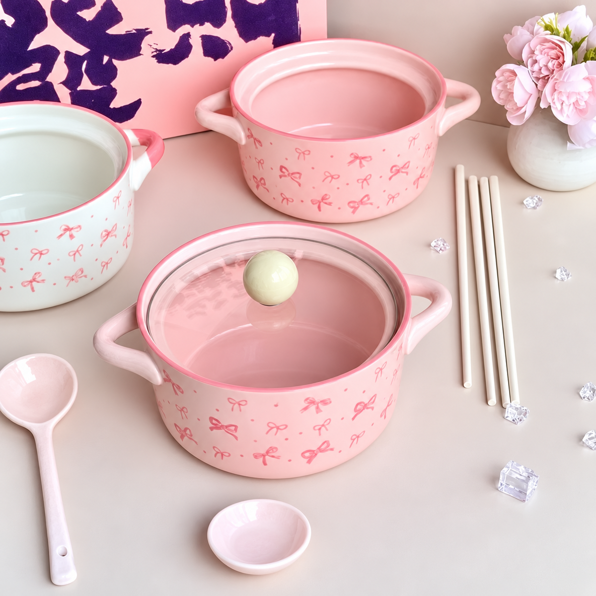 Pink Bow Ceramic Handle Bowl With Lid 