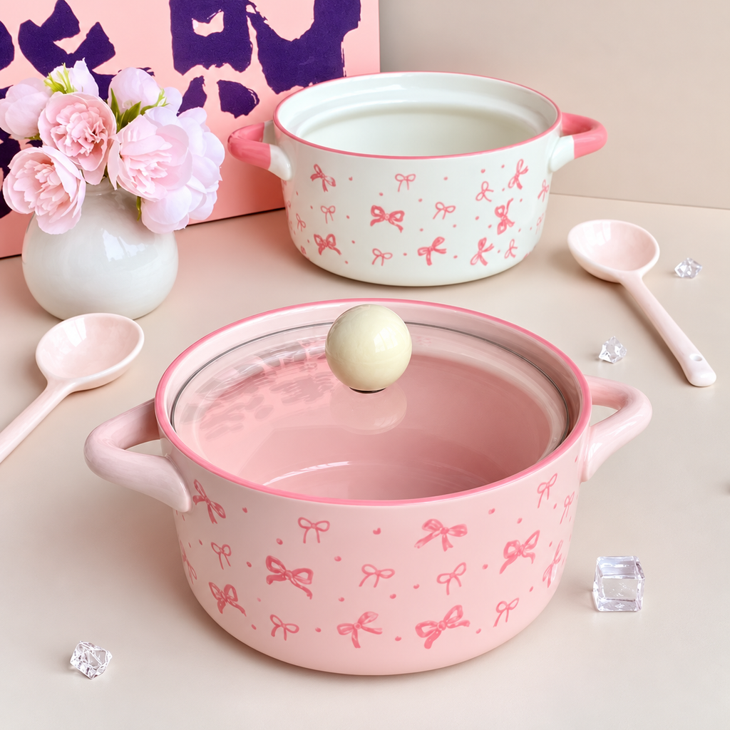 Pink Bow Ceramic Handle Bowl With Lid 
