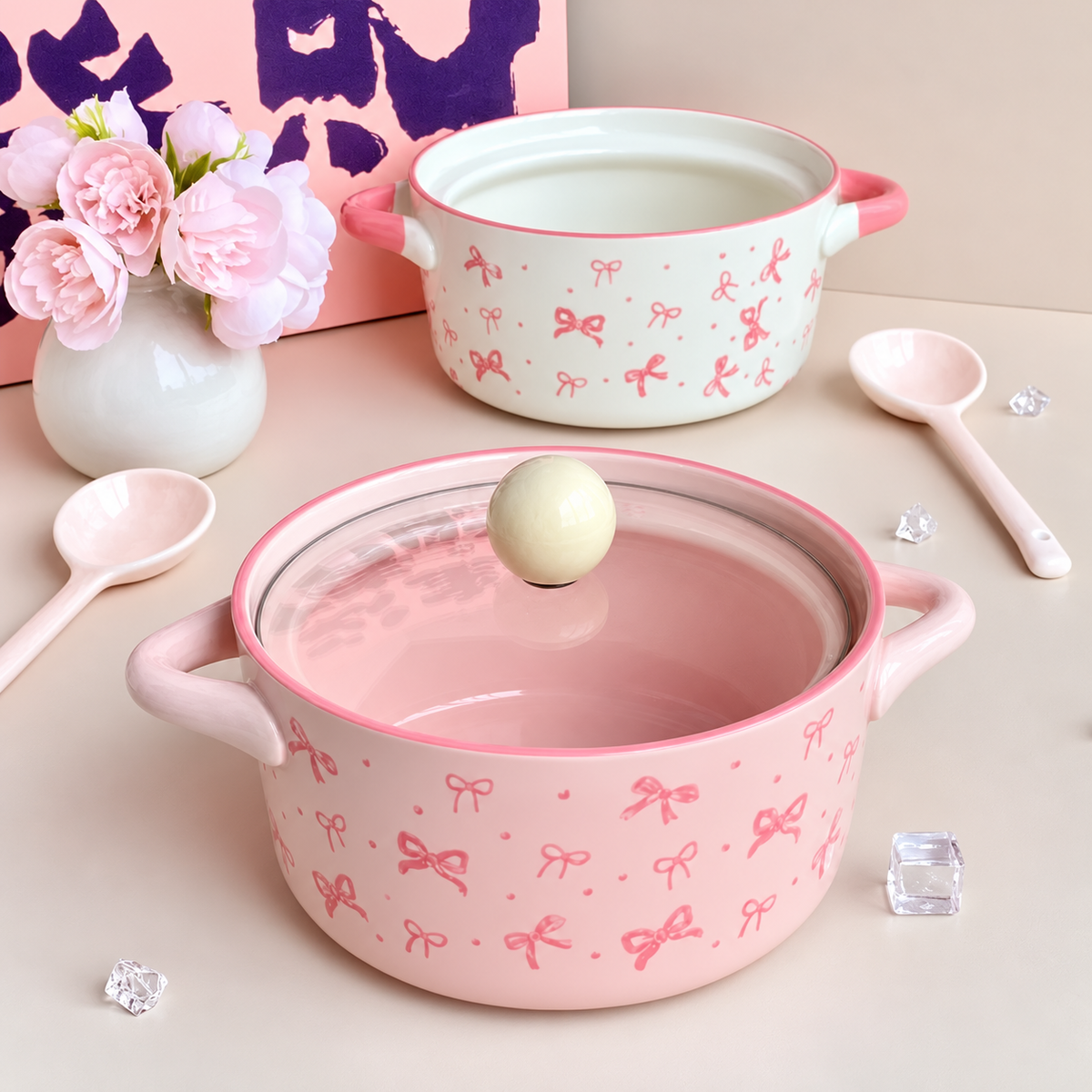 Pink Bow Ceramic Handle Bowl With Lid 