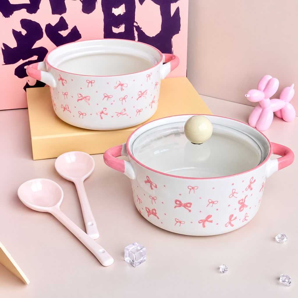 Pink Bow Ceramic Handle Bowl With Lid 