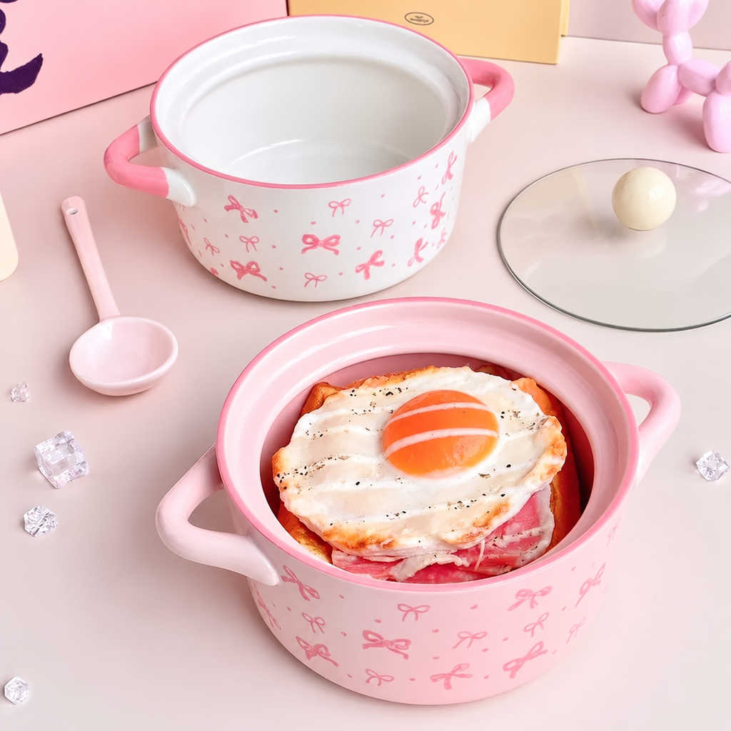 Pink Bow Ceramic Handle Bowl With Lid 