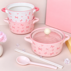 Pink Bow Ceramic Handle Bowl With Lid 