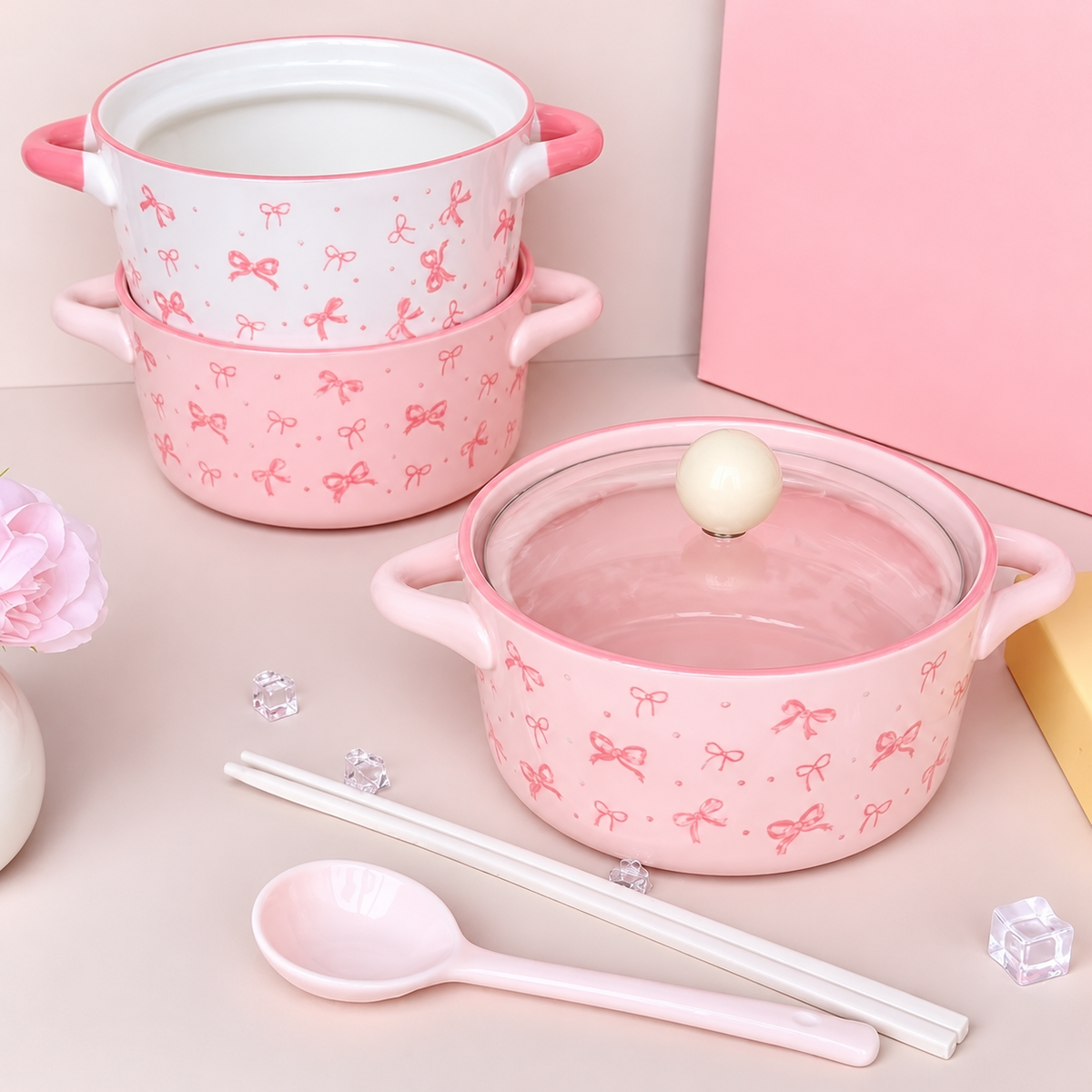 Pink Bow Ceramic Handle Bowl With Lid 