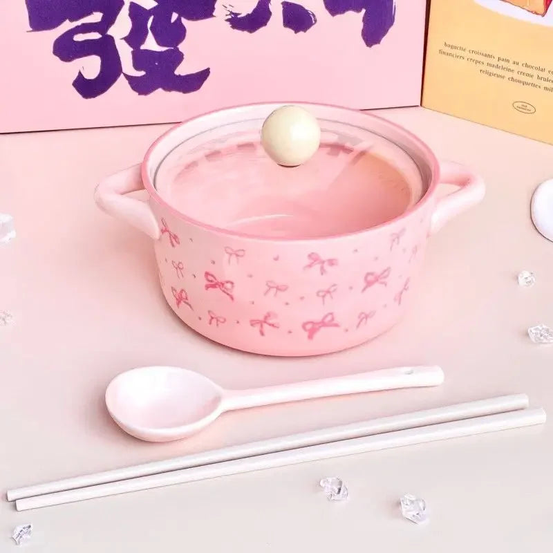 Pink Bow Ceramic Handle Bowl With Lid 
