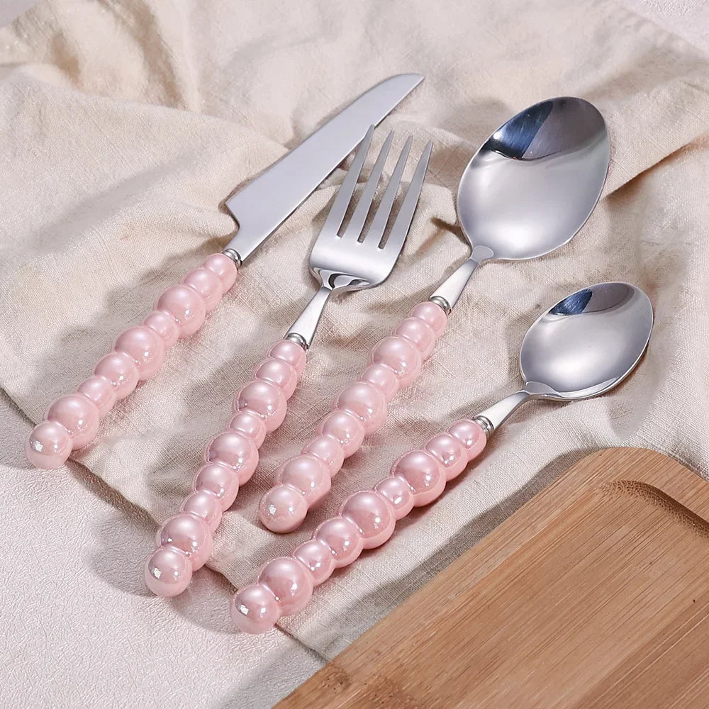 Pink Pearl Ceramic Stainless Steel Dinnerware Set