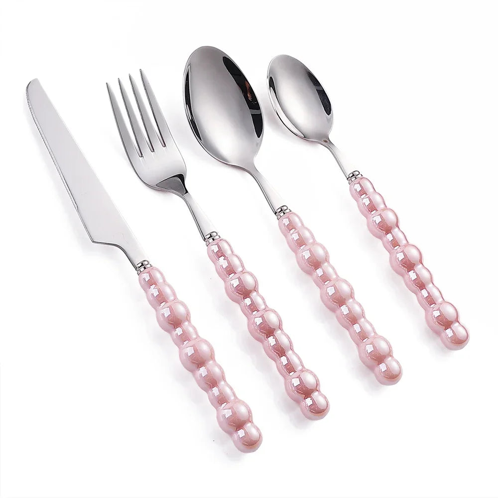 Pink Pearl Ceramic Stainless Steel Dinnerware Set
